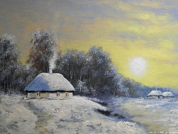 Malování Krajina Starých Zimní Vesnice — Stock fotografie