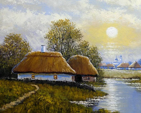 Beautiful Landscape Old Ukrainian Village Pastoral Fields Huts — 스톡 사진
