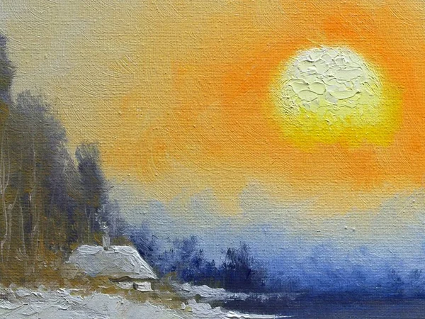 Pintura Paisagem Velha Aldeia Inverno — Fotografia de Stock