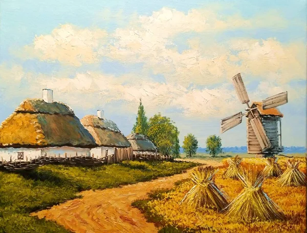 Beautiful Landscape Old Ukrainian Village Pastoral Fields Huts — стоковое фото