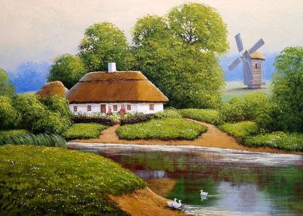 Beautiful Landscape Old Ukrainian Village Pastoral Fields Huts — Zdjęcie stockowe