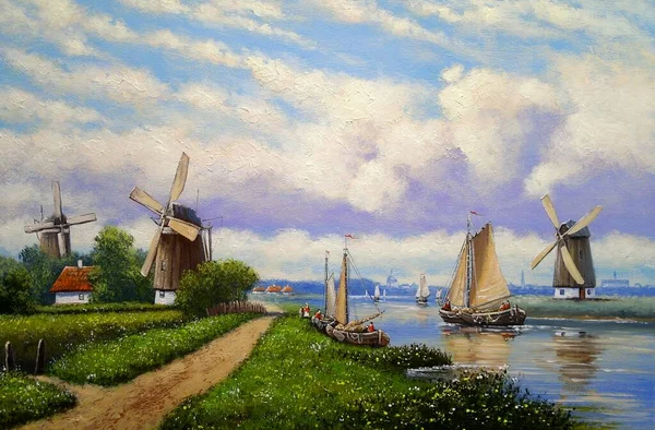 beautiful painting of old Ukrainian village with pastoral landscape, windmills, river and huts