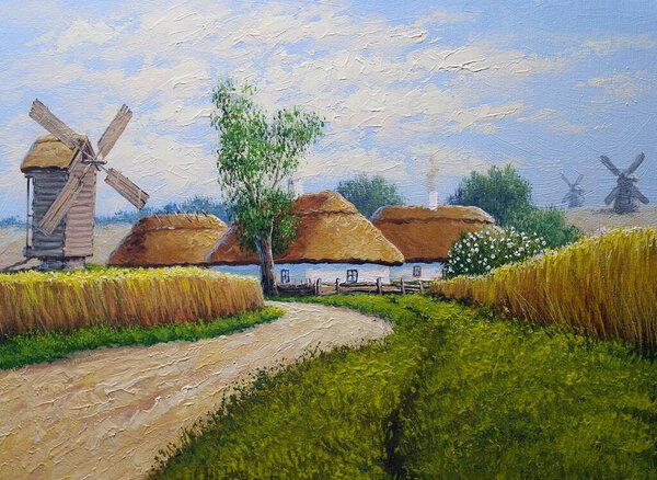 beautiful landscape of old Ukrainian village with pastoral fields and huts 