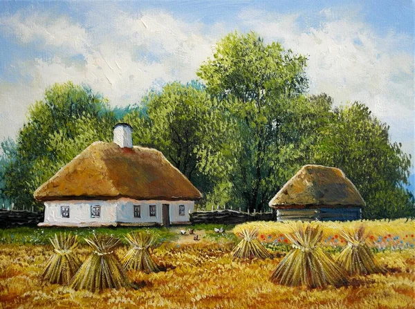 Beautiful Landscape Old Ukrainian Village Pastoral Fields Huts — стоковое фото