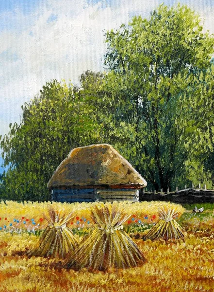 Beautiful Painting Old Ukrainian Village Pastoral Landscape Hut — Photo