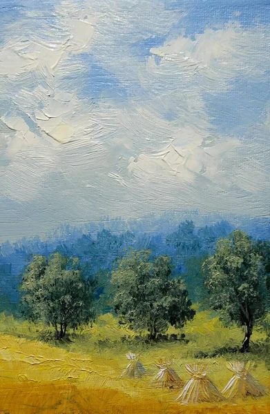 Green Trees Sky Oil Painting — ストック写真