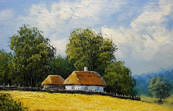 Paintings Landscape Beautiful View Village — Zdjęcie stockowe