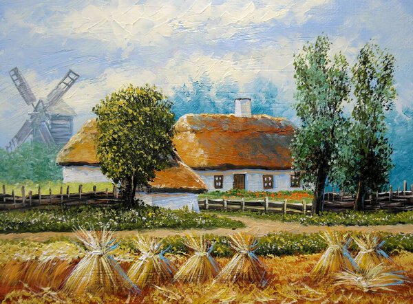 Paintings landscape, beautiful view of the village
