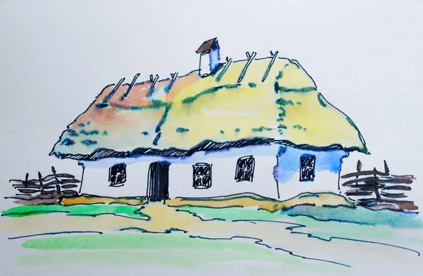 watercolor illustration of a house with a small village