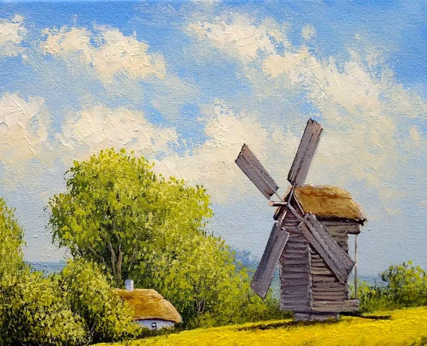 Alte Hölzerne Windmühle Dorf — Stockfoto