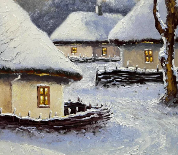 Pittura Paesaggio Del Vecchio Villaggio Invernale — Foto Stock