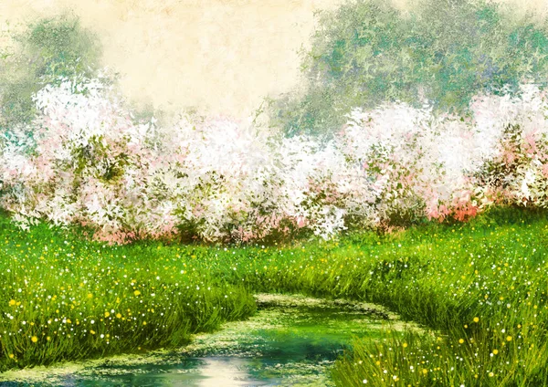 Beautiful Watercolor Painting Garden Fountain Flowers — ストック写真