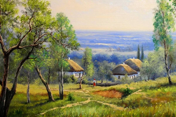 Tradycyjna Wieś Ukraińska Obraz Olejny — Zdjęcie stockowe