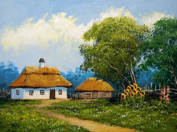 Paintings landscape, rural landscape with a house and a village