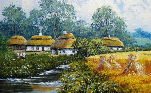 Paintings Landscape Beautiful View Village — ストック写真