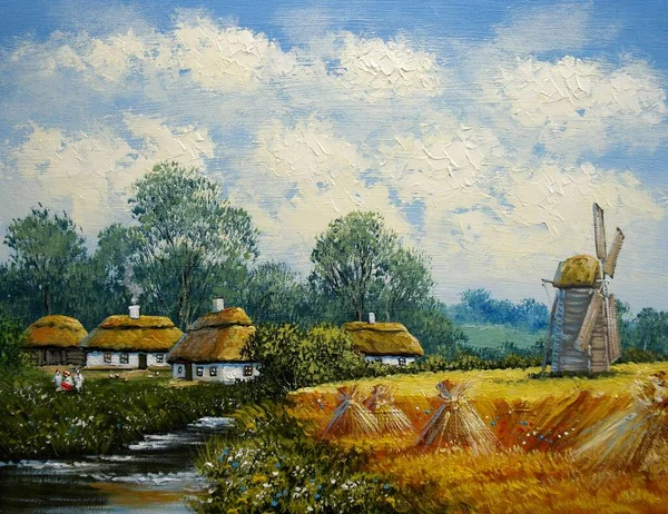 Paintings Landscape Beautiful Landscape River House — Φωτογραφία Αρχείου