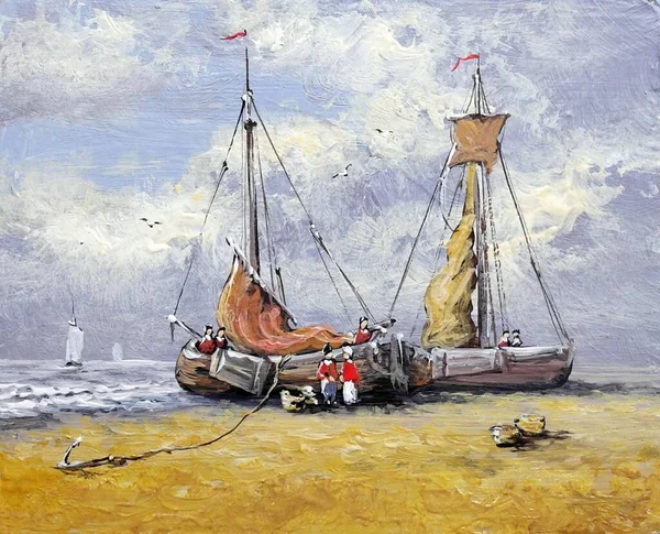 Dipinti Paesaggio Disegno Acquerello Una Barca Pesca Sul Mare — Foto Stock
