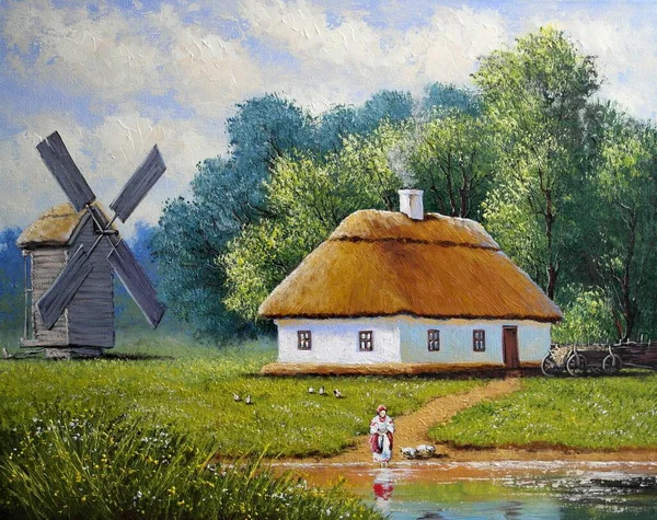 Paintings Landscape Old House Village — Φωτογραφία Αρχείου