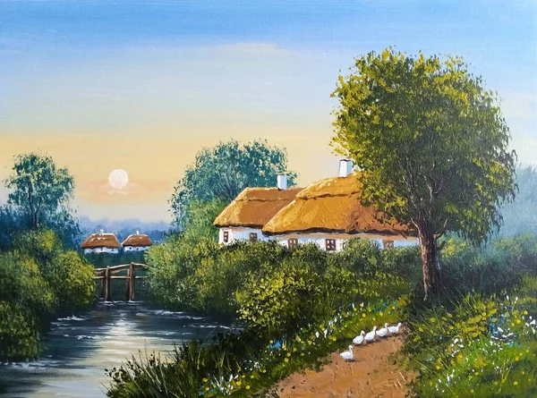 小屋のある古い村や木のある美しい夏の風景の絵 — ストック写真