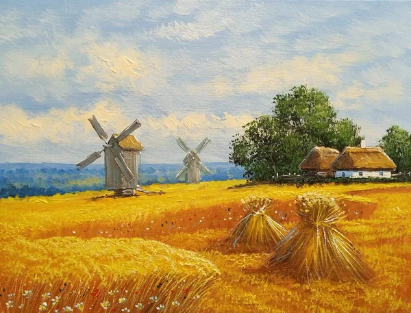 Peinture Beaux Paysages Été Avec Des Arbres Vieux Village Avec — Photo