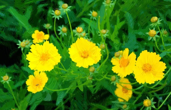 絵画風景 アートワーク 庭の美しい黄色の花 — ストック写真