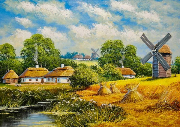 Gemälde Landschaft Bildende Kunst Kunstwerke Traditionelle Holländische Häuser Den Niederlanden — Stockfoto