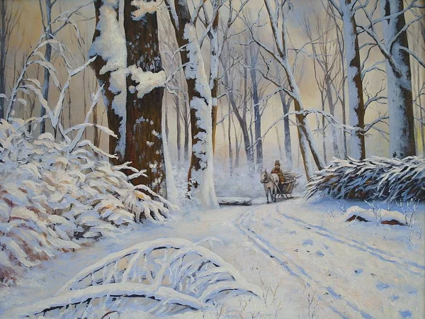 绘画风景 艺术品 冬季风景 冰雪覆盖的树木 — 图库照片