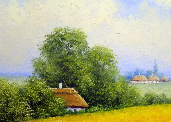 Painting Beautiful Summer Landscape Trees Old Village Huts — Stock Photo, Image