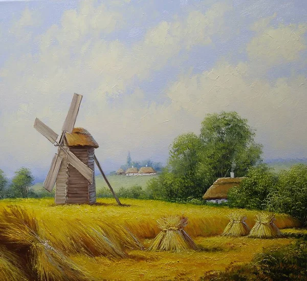 Prachtig Landschap Met Windmolen Oud Dorp Met Pastorale Velden Hutten — Stockfoto