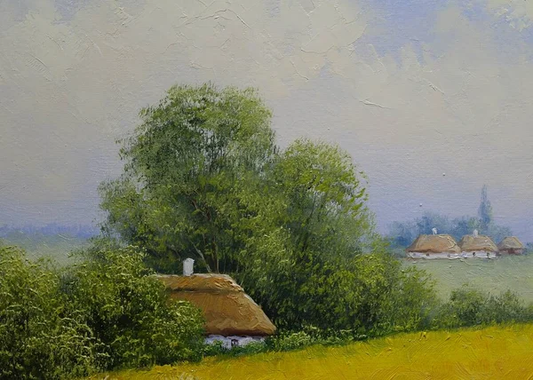 小屋のある古い村や木のある美しい夏の風景の絵 — ストック写真