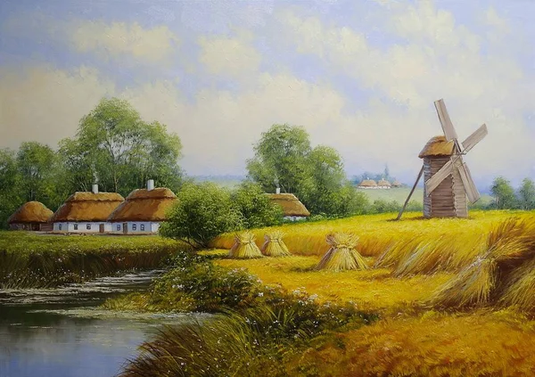 Prachtig Landschap Met Windmolen Oud Dorp Met Pastorale Velden Hutten — Stockfoto