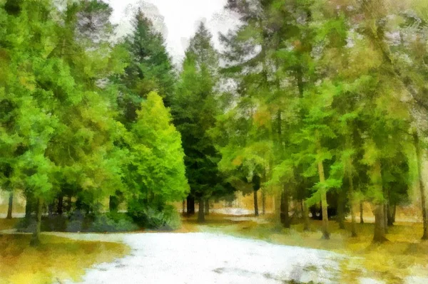 背景にある川や湖のある森の水彩画です — ストック写真