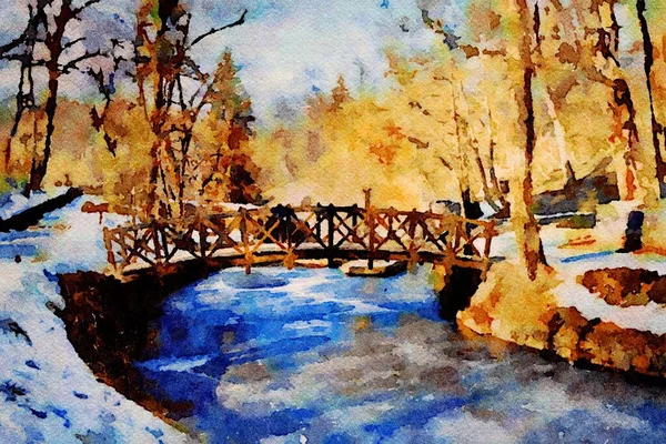 Watercolor Painting River Forest — Fotografia de Stock