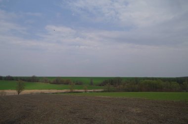 Güneşli bir bahar gününde tarlası olan güzel bir kırsal bölge.