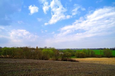 Güneşli bir bahar gününde tarlası olan güzel bir kırsal bölge.