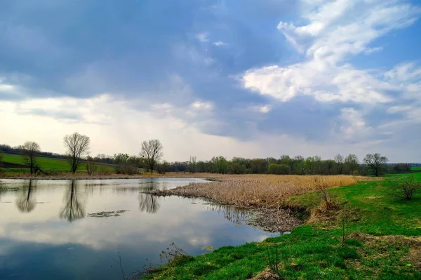 Schöne Sommerlandschaft Mit Fluss Und Frühlingsbäumen — Stockfoto