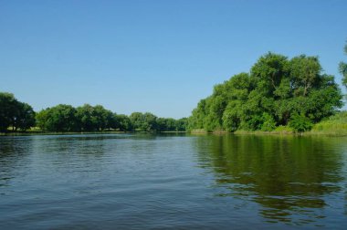 Güneşli bir günde nehir, mavi gökyüzü ve yeşil ağaçlarla güzel bir yaz manzarası.