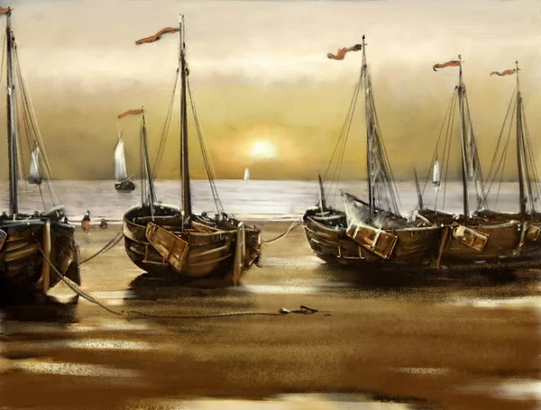 Oude Boot Bij Zonsondergang Vissersboten Haven Schilderijen Zee Landschap — Stockfoto