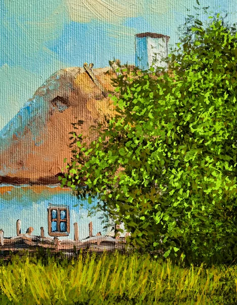 Gemälde Ländliche Landschaft Altes Haus Dorf — Stockfoto
