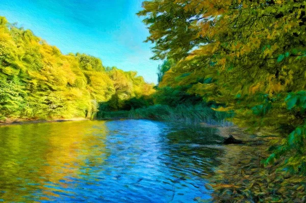 Gemälde Landschaft Herbstwald Morgen — Stockfoto