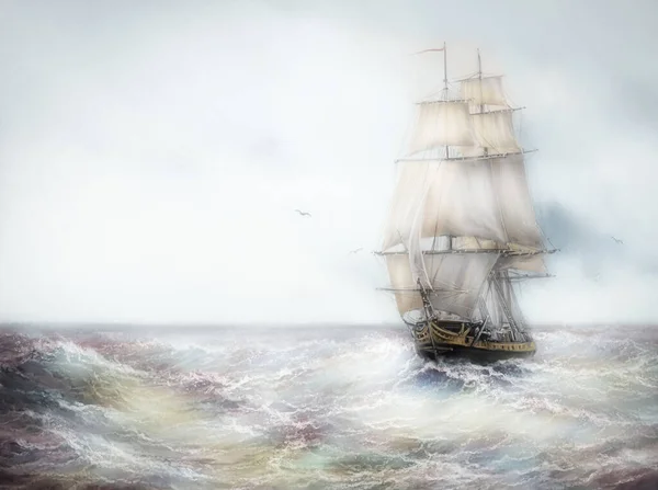 Old ship in the sea. Paintings sea landscape