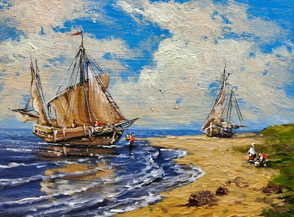 Ölgemälde Einer Meereslandschaft Alte Fischerboote Ufer Klassische Kunst Segelschiff Hafen — Stockfoto