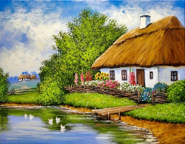 Cabana Velha Aldeia País Ucrânia Pinturas Óleo Paisagem Rural Arte — Fotografia de Stock