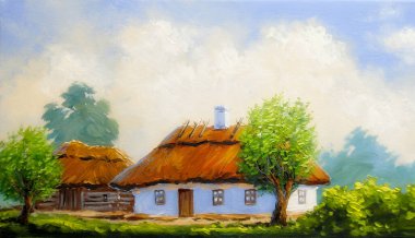 El yapımı, eski kırsal alan. Yağlı boya darbelerinin dokusuyla güzel bir yaz manzarası. Yağlı boya tablolarla göl manzarası. Güzel sanatlar, sanat eserleri.