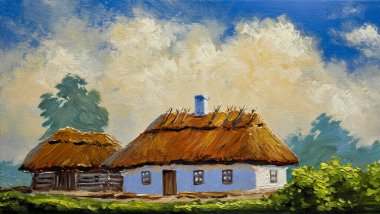 El yapımı, eski kırsal alan. Yağlı boya darbelerinin dokusuyla güzel bir yaz manzarası. Yağlı boya tablolarla göl manzarası. Güzel sanatlar, sanat eserleri.