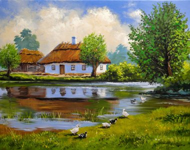 El yapımı, eski kırsal alan. Yağlı boya darbelerinin dokusuyla güzel bir yaz manzarası. Yağlı boya tablolarla göl manzarası. Güzel sanatlar, sanat eserleri.