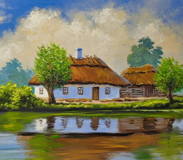 Handmade, old rural landscape. Beautiful summer landscape with texture of oil paint strokes. Oil paintings  landscape with lake. Fine art, artwork.