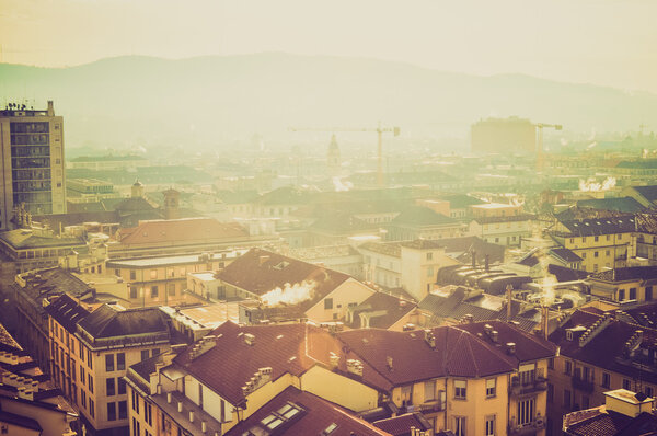City of Turin (Torino) skyline panorama birdeye seen from above vintage looking