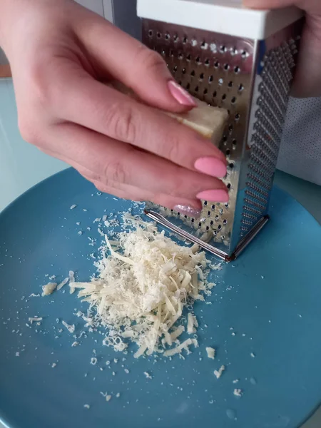 Grated Parmesan Cheese Blue Dish — Stock Photo, Image