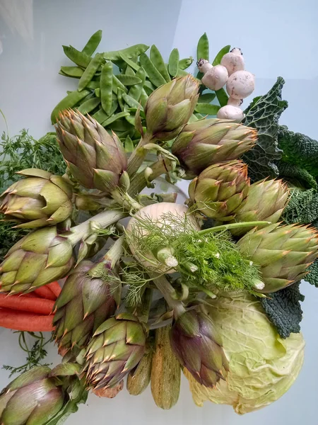 Artichocks Carrots Cabbage Vegetables Table — Photo